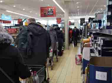 Shoppers queue at Aldi in Roscommon last Thursday as panic buying took hold following the outbreak of Covid-19.
